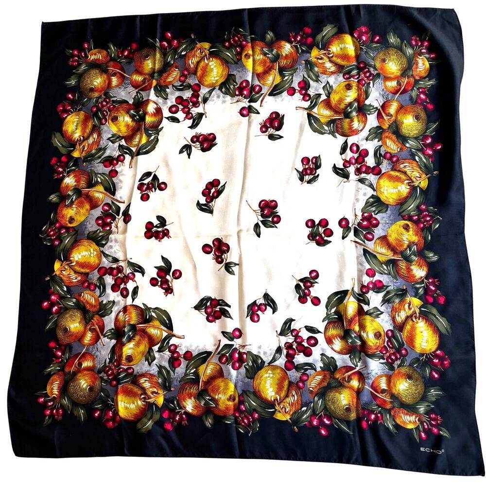 ECHO silk scarf designer square black cream red & gold fruit pears cherry design